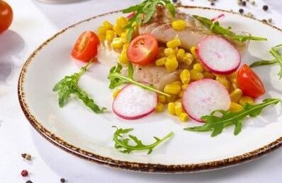 cod fillet with corn - a dish of the mediterranean diet